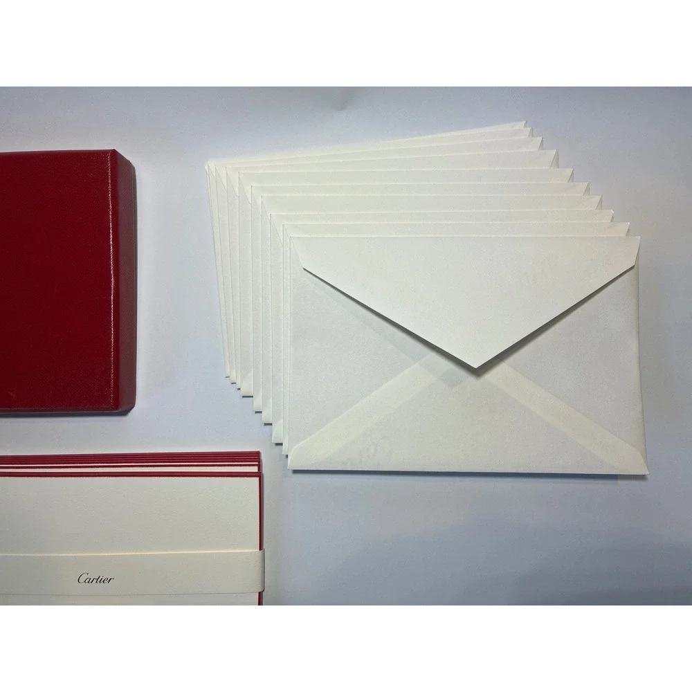 Cartier Classic Red Boardered Note Card Set-Complete Set of 10 Logo Embossed Box